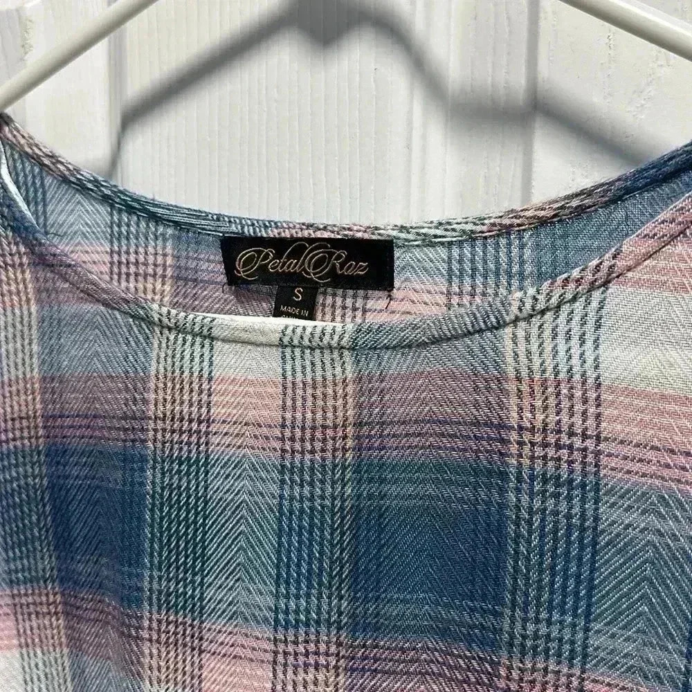 PETAL ROSE PINK AND BLUE PLAID FLOWING BELL SLEEVE SLIGHTLY CROPPED TOP - Picture 2 of 3